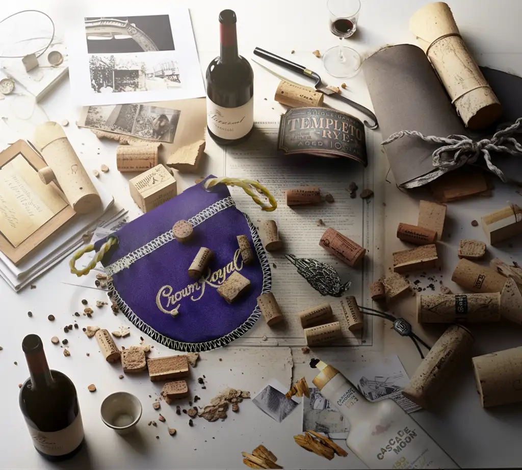 Collage of packaging materials including corks, a Crown Royal bag, medallions, and more.