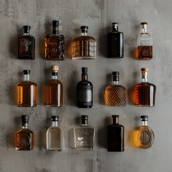 A variety of whiskey bottles show smooth, ribbed, and rough surfaces. AI generated image
