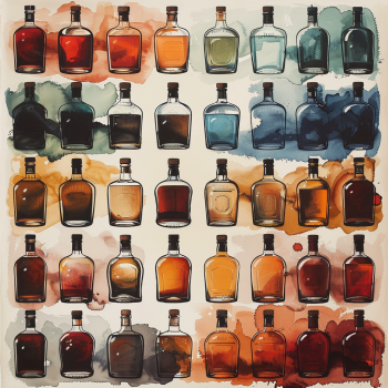 AI generated image alt-img: Variety of whiskey bottles with bright colors