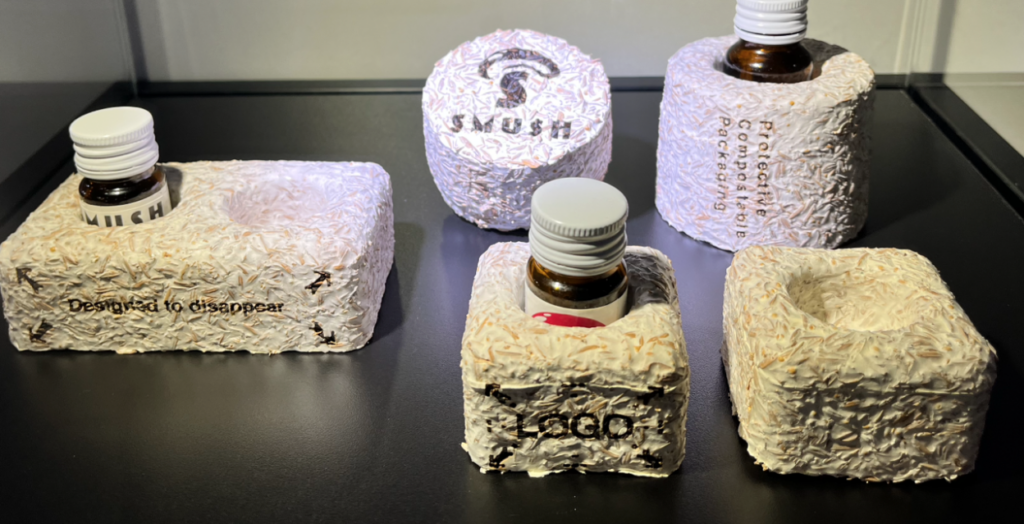 Several of Smush's biodegradable packaging solutions on display